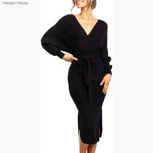 Long Sleeve Maxi Wrap Dress with Belt, Batwing Sleeves, V-Neck, Bodycon Fit